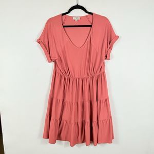 Umgee Mauve Short Sleeve Tier Skirt Stretch Pullover V-Neck Dress Women's Medium